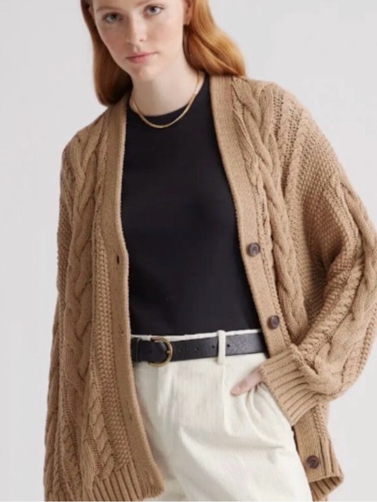 Quince Sweaters - Quince Tan Cable Knit Cardigan
